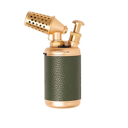 Lotus Truman Table Lighter - Brass with Green Leather