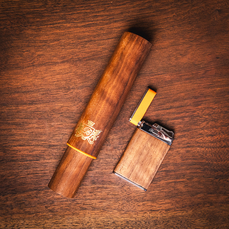 Brizard Curly Walnut with Orange Leather trim Cigar Tube with matching lighter