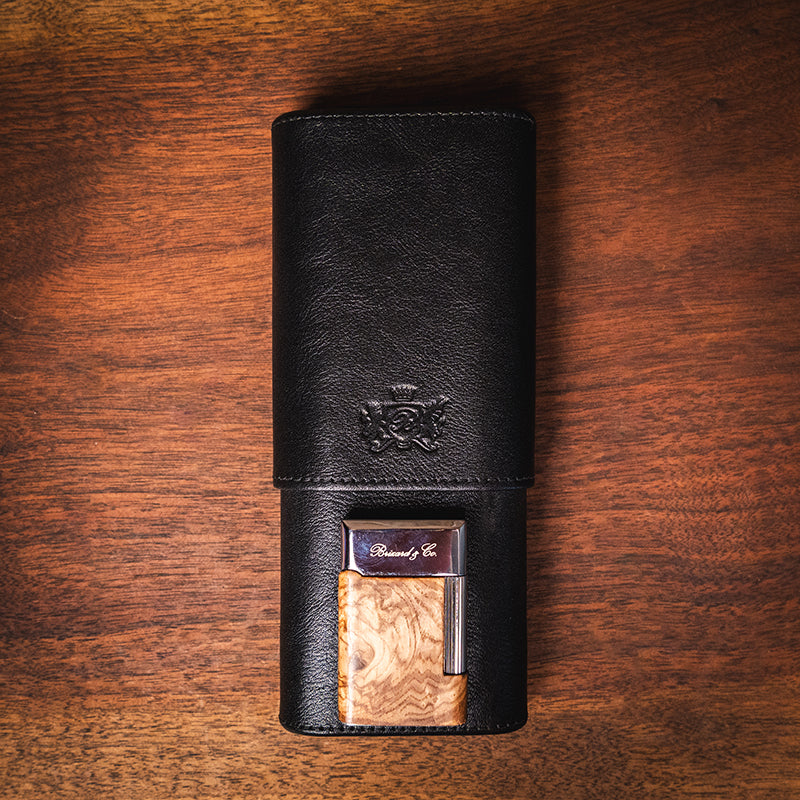 Brizard Black Leather with Macassar Ebony 3 Cigar case with Olivewood Soft Flame Lighter