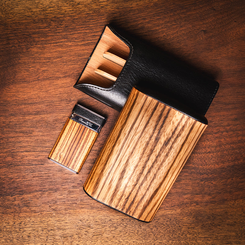 Brizard Zebrawood and Black Leather 3 Cigar case with matching lighter