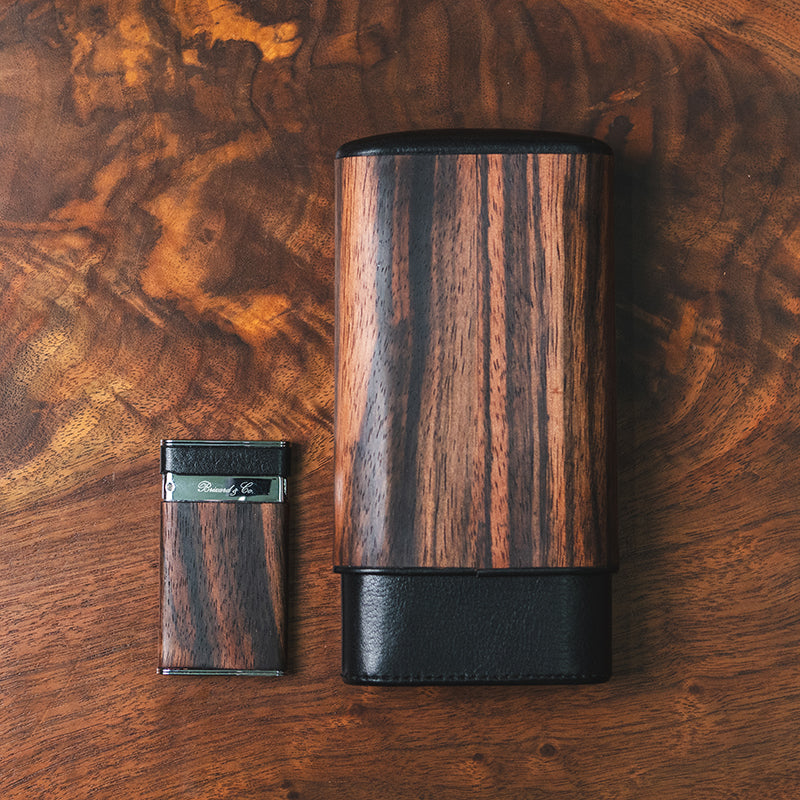 Brizard Macassar Ebony with Black Leather 3 Cigar case with matching Lighter