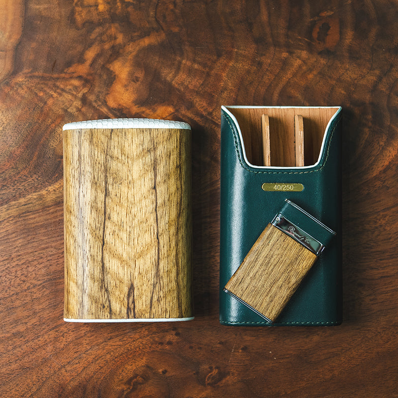 Brizard 3 Cigar case in Augusta Leather with Brazilian Wood & matching Sottile Lighter