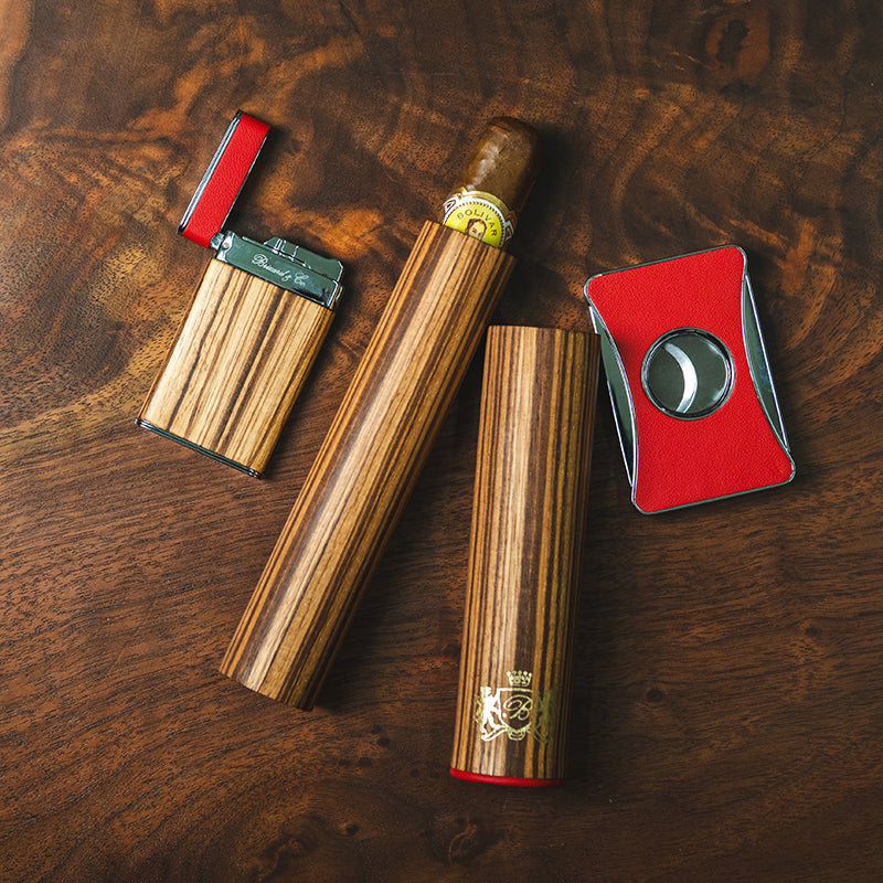 Brizard Zebrawood and Red Leather trim single Cigar Tube with matching Lighter and Cutter