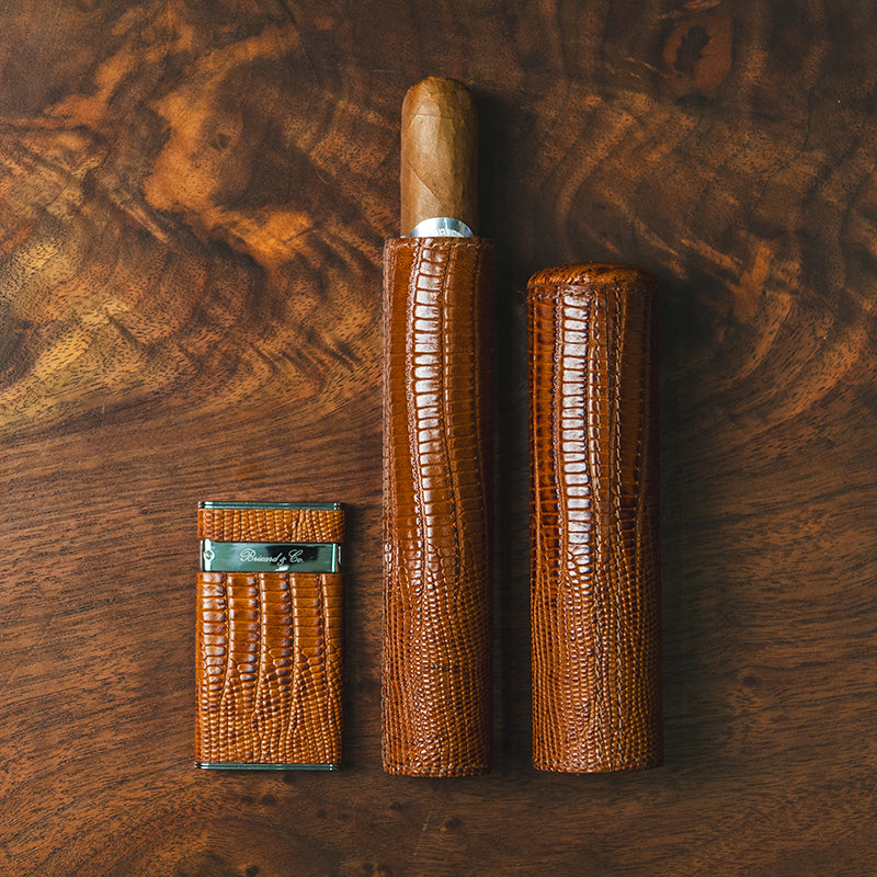 Brizard Havana Lizard Brown Leather Single Cigar Tube with matching Lighter