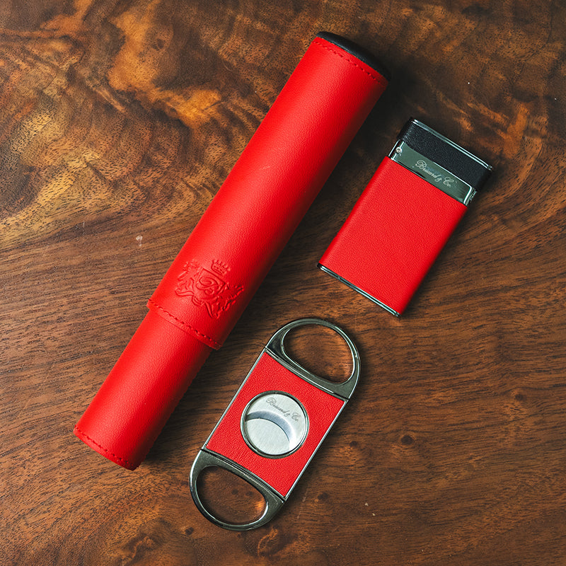 Brizard Single Cigar Tube in Red and Black Leather with matching Lighter & Cutter