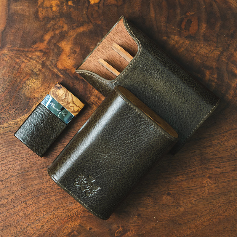 Brizard Green Leather with Olivewood 3 cigar case with matching Lighter